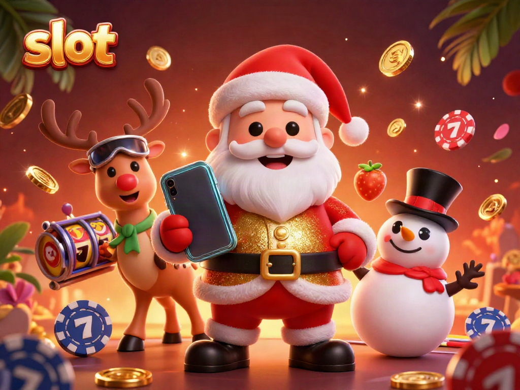 Santa bermain slot dengan rusa dan manusia salju, pengalaman kasino meriah.