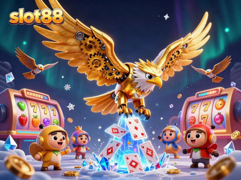 Experience thrilling slot88 action with a golden eagle amidst dynamic casino elements.