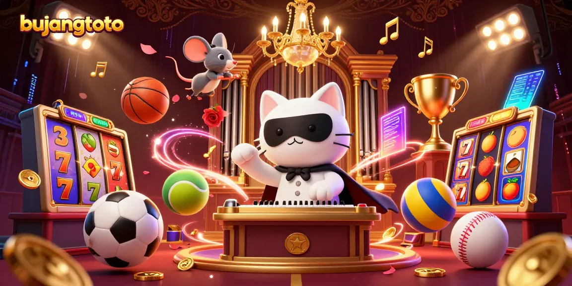 Bujangtoto showcases vibrant casino elements with a phantom cat character at the center of an exciting online gaming scene.