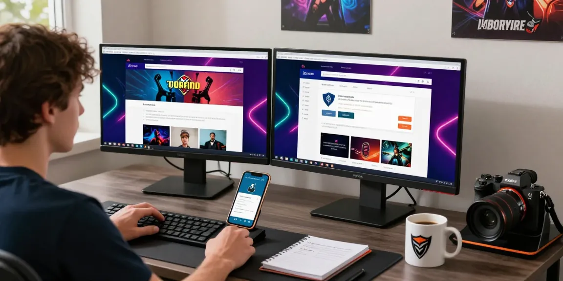Engaging verification process for 먹튀스팟 검증사이트 showing a user with dual monitors.