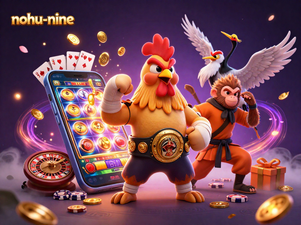 Capture thrilling gameplay in nohu-nine, showcasing 3D characters with casino elements and vibrant imagery.