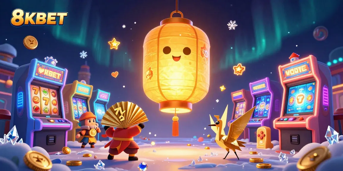 Engage with the dynamic scene of 8KBET showcasing vibrant 3D casino elements and lucky symbols.