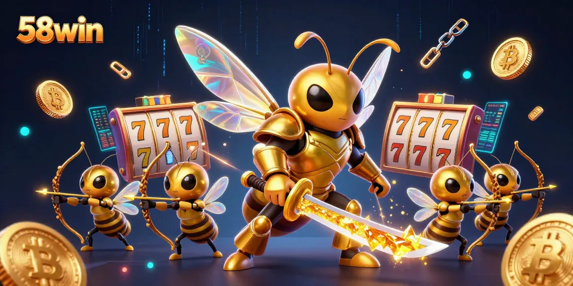 Experience the thrill of 58win with a vibrant 3D illustration depicting gaming action and crypto elements.