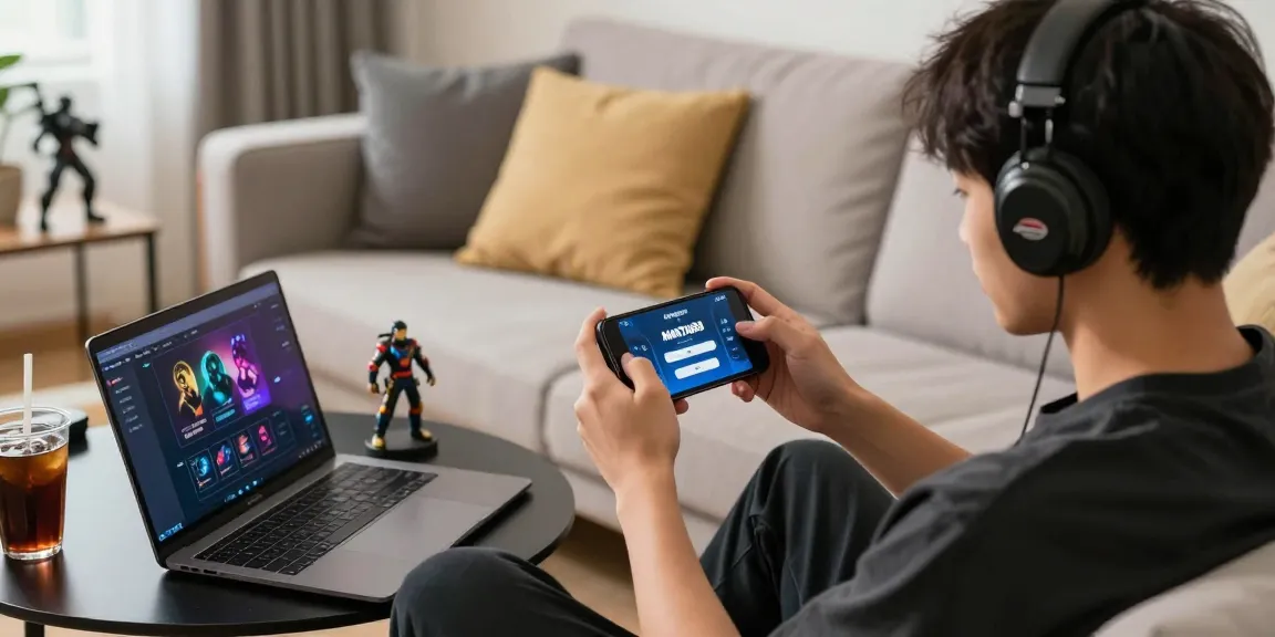 Engaging lifestyle scene of a gamer accessing the mantra88 login on mobile in a cozy environment.
