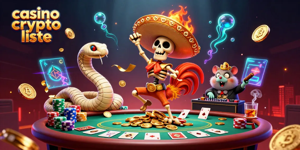 Illustration dynamique de la liste des casinos crypto avec un rooster mariachi dansant, des pièces d'or et des éléments de jeu.