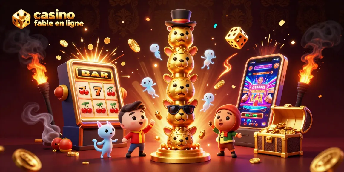 Infrastructure dynamique de casino fiable en ligne avec un totem doré et des jeux divers entourés de jetons volants.