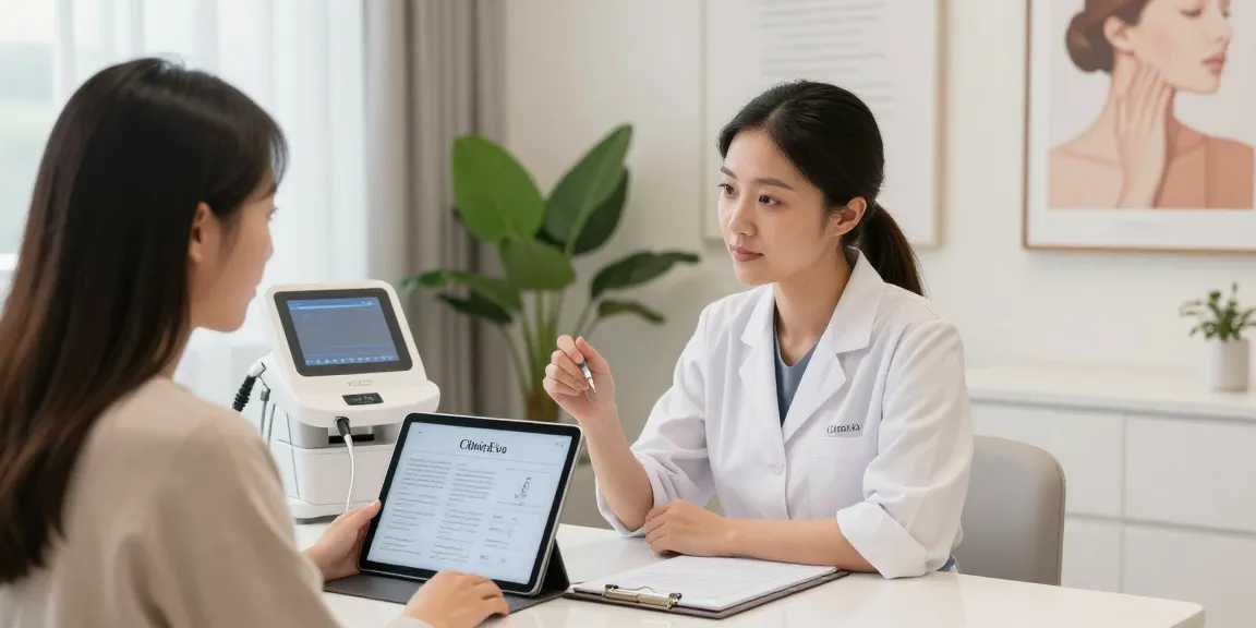 Client receives consultation on ClinicEvo, a better alternative to QOVES, reviewing her facial analysis in a modern clinic.