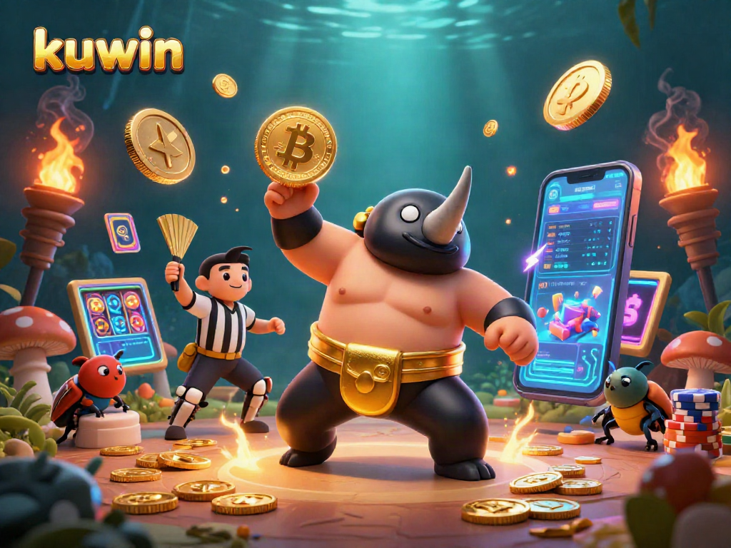 Kuwin's dynamic gaming scene featuring a powerful beetle champion amidst flying coins and crypto elements.