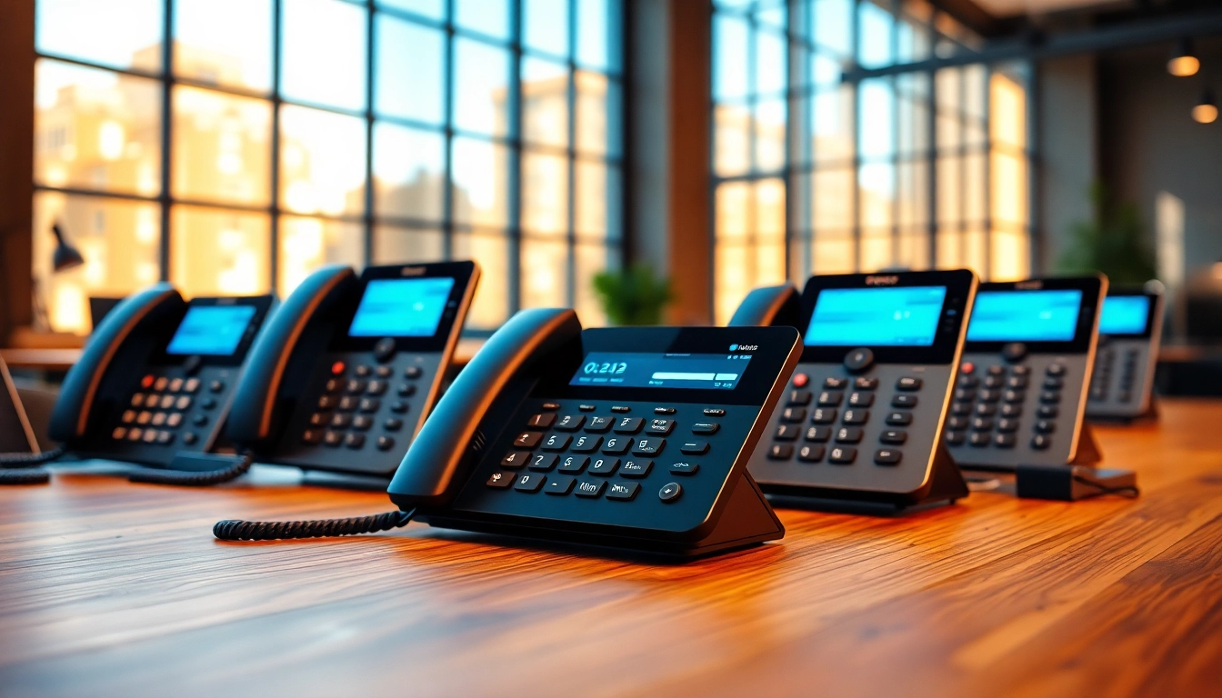 Showcase of small business phone systems within a vibrant office setting highlighting productivity.