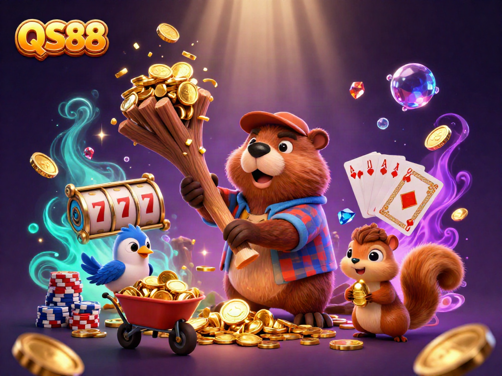 Experience exciting wins at QS88 with a beaver and friends reaping golden coins in a vibrant casino scene.