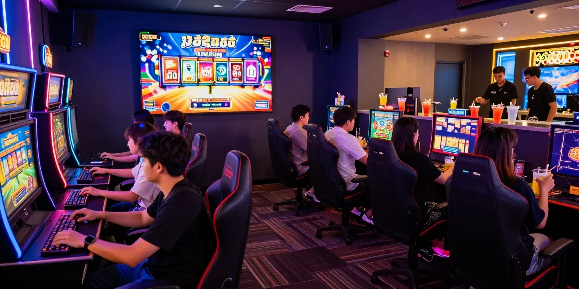 Experience fun เกมสล็อต gaming atmosphere in a vibrant gaming lounge filled with excitement and energy.