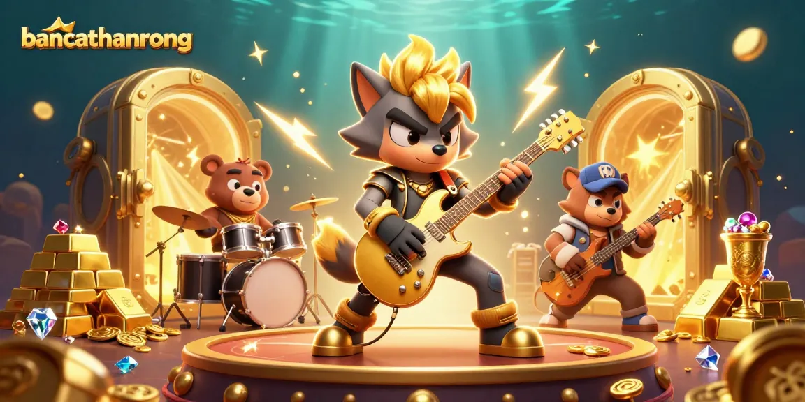 Engage with bancathanrong in a vibrant casino scene with cartoon rock star characters and dazzling treasures.