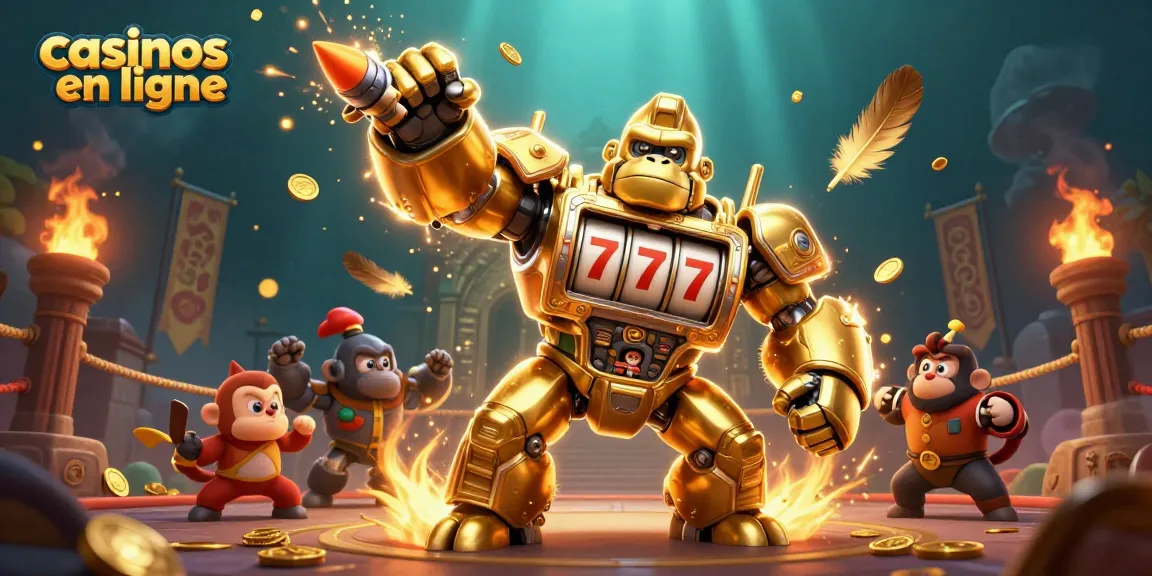 Vivez l'univers des casinos en ligne avec ce gorille mech doré, représentant des jeux de machines à sous et d'autres éléments de casino.