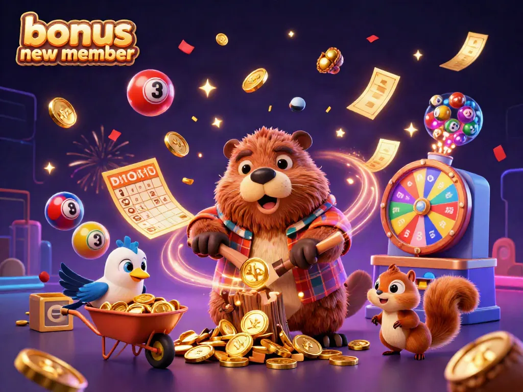 Engage with our bonus new member as a charming 3D cartoon lumberjack beaver, collecting coins amidst a vibrant casino scene.