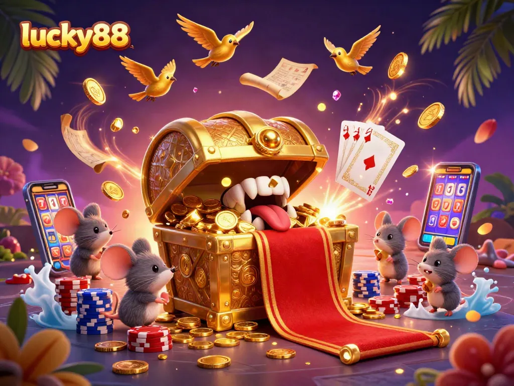 Experience the thrill of lucky88 with vibrant casino treasures and an immersive illustration.