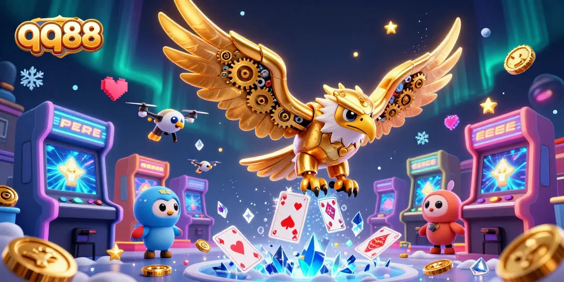 Bet on qq88 with a dynamic scene of a golden eagle and arcade games immersing players in excitement.