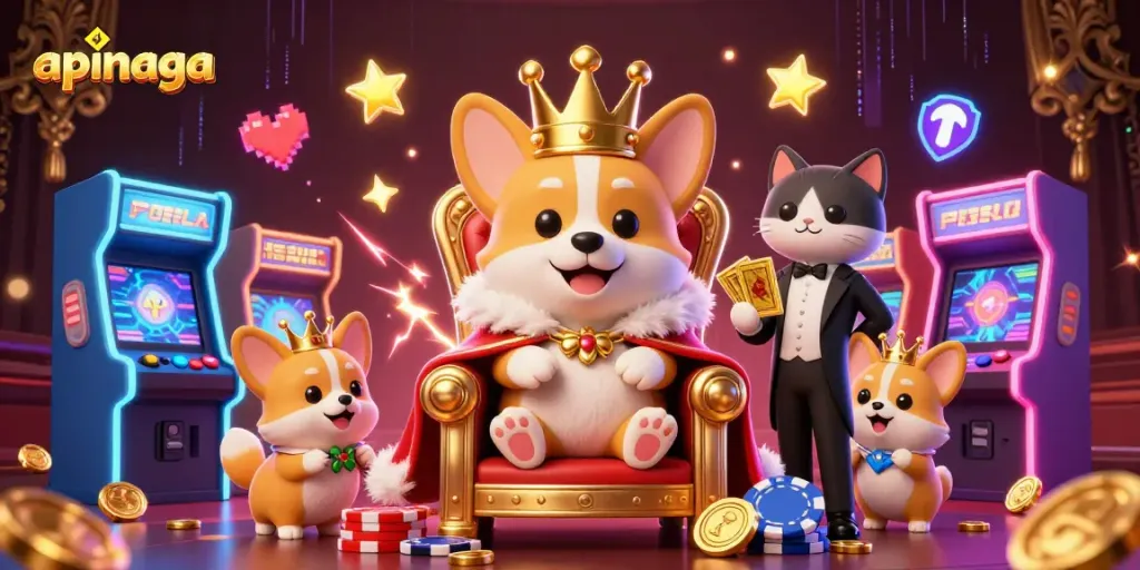Experience excitement with apinaga as a royal corgi commands a casino throne in this vibrant gaming scene.