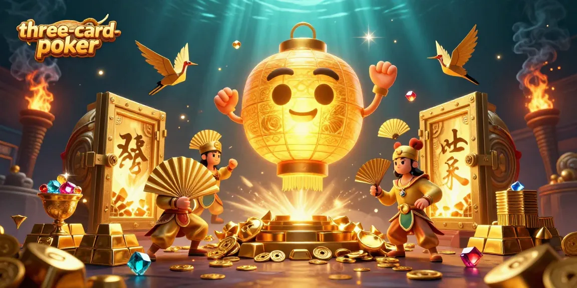 Engage in three-card-poker with alluring golden elements and vibrant characters at a spectacular casino.
