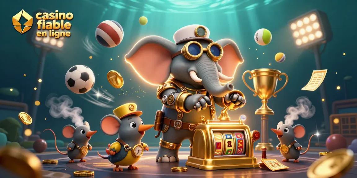 Illustration dynamique représentant un casino fiable en ligne avec un éléphant steampunk et des éléments de jeu captivants.