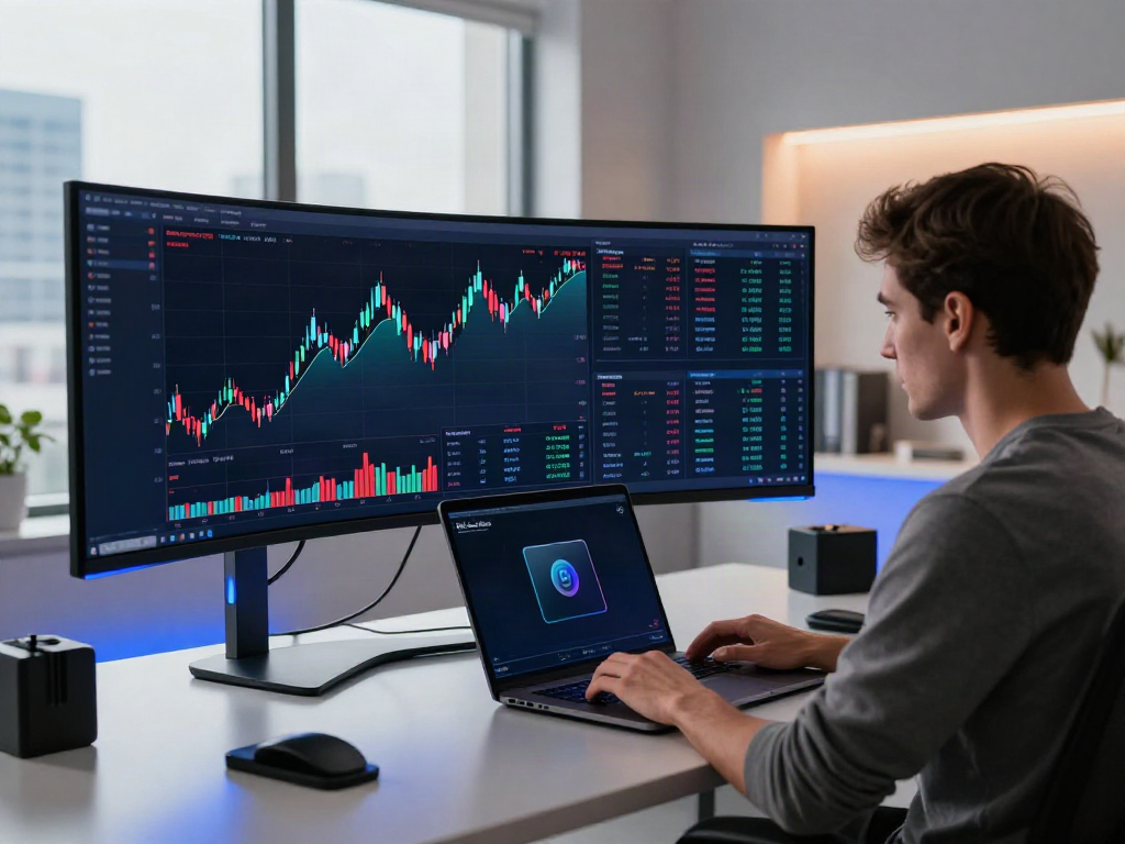 Real-time stock trading setup showing 東証 リアルタイムデータ API analysis on multiple screens in a sleek modern workspace.