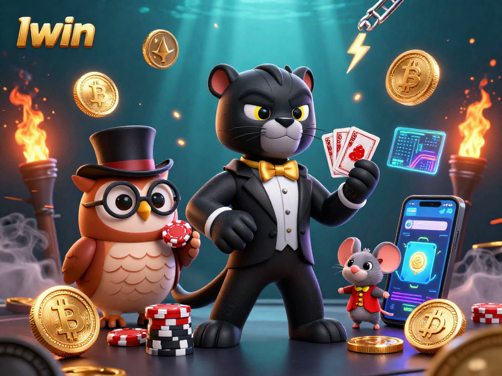 Iwin showcases stylish characters in a lively casino scene with vibrant crypto elements.