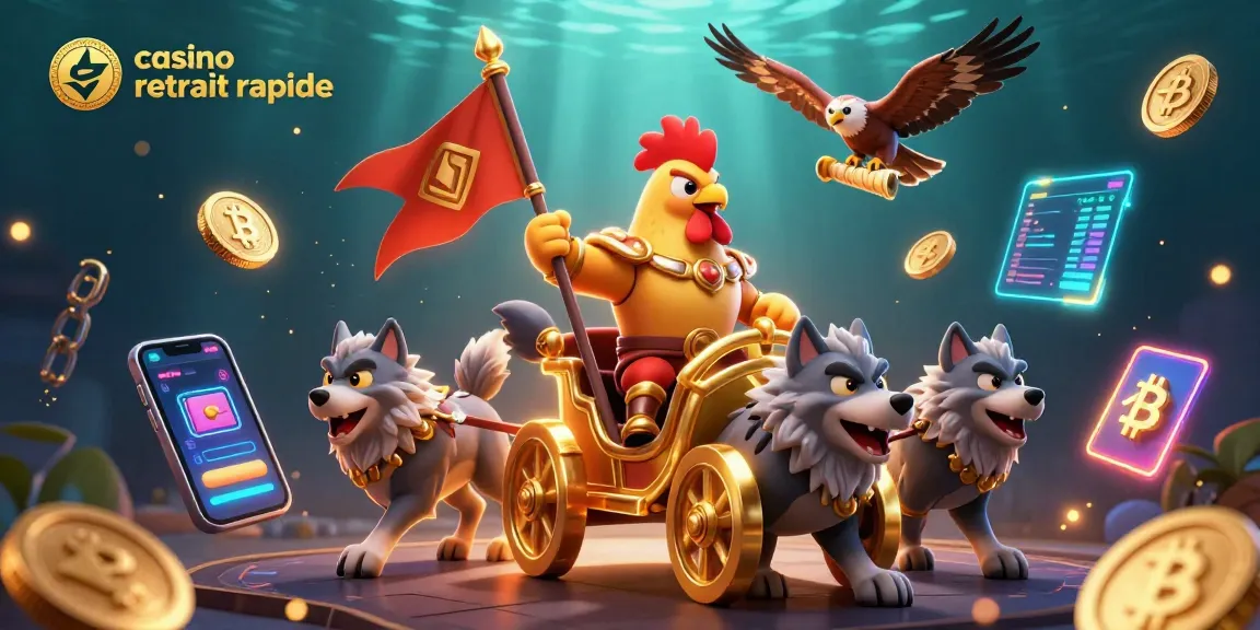 Illustration d'un roi coq sur un char d'or représentant le casino retrait rapide avec des éléments de cryptomonnaie.