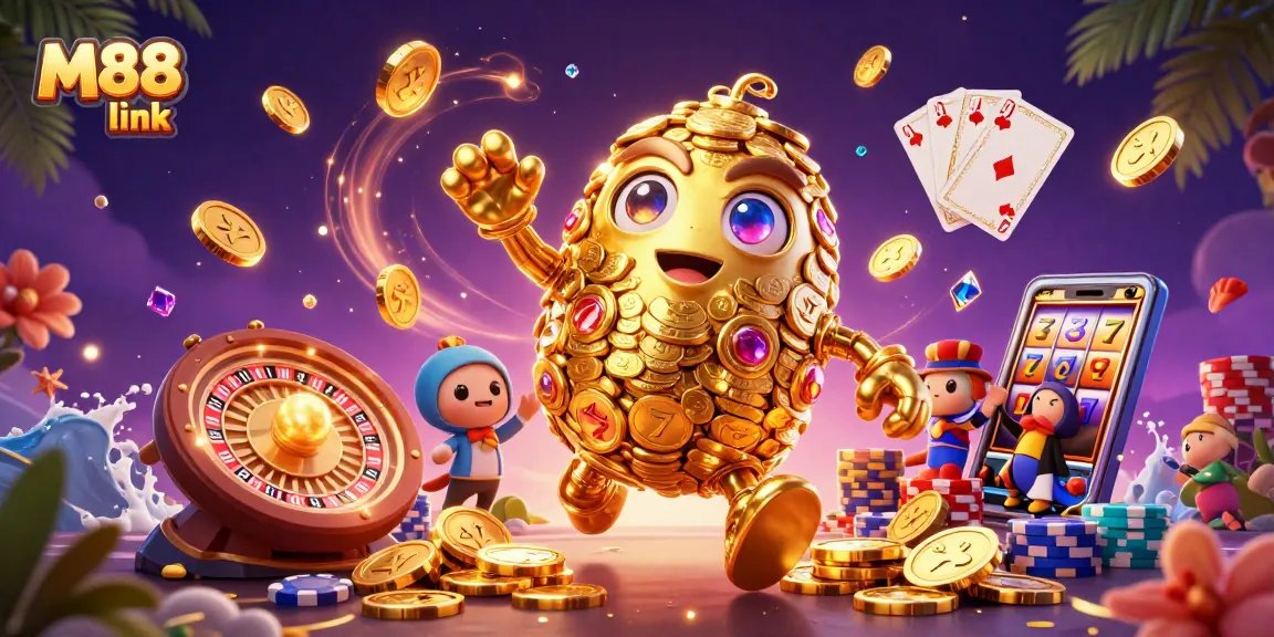 Bet on exciting games with M88 link, featuring a dynamic golden golem and stunning casino elements.