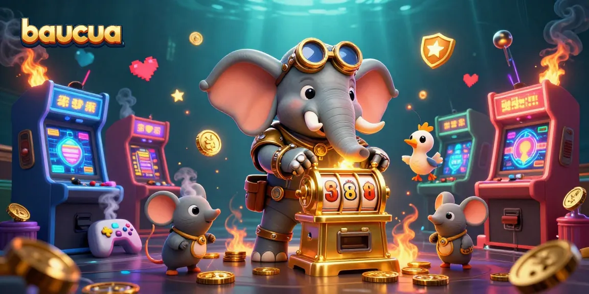 baucua brings excitement to winning spins in a vibrant 3D casino illustration featuring steampunk elephant and game elements.