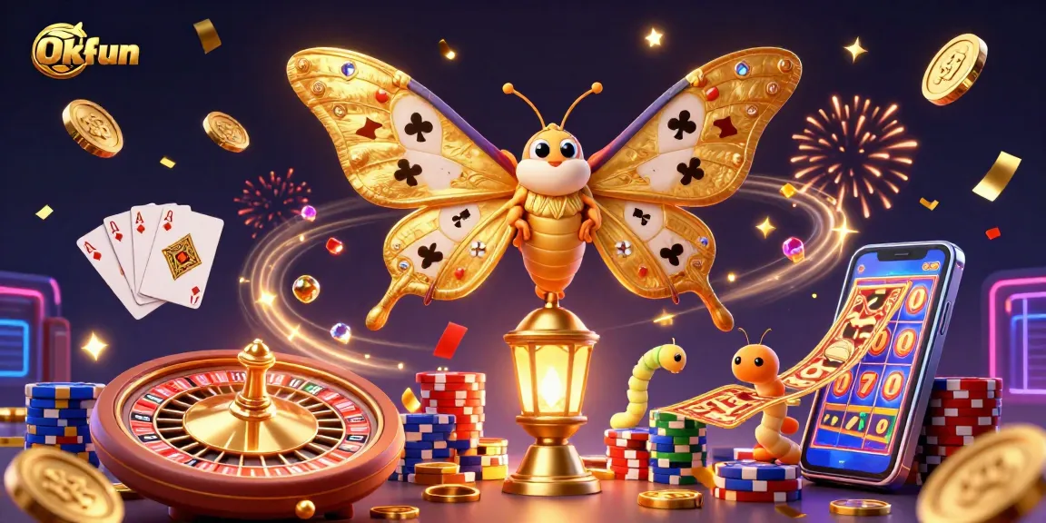 Engage in thrilling casino adventures with Okfun, featuring vibrant 3D characters surrounded by dynamic gaming elements.