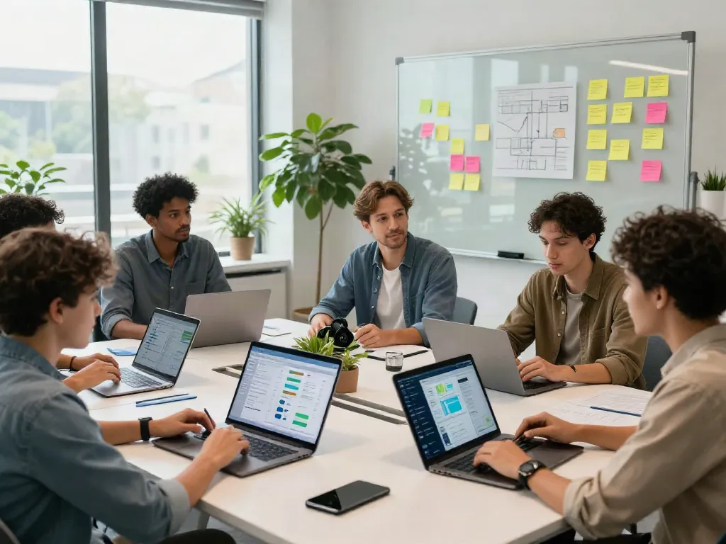 Professionals collaborating in a tech office, highlighting innovation and teamwork like this.