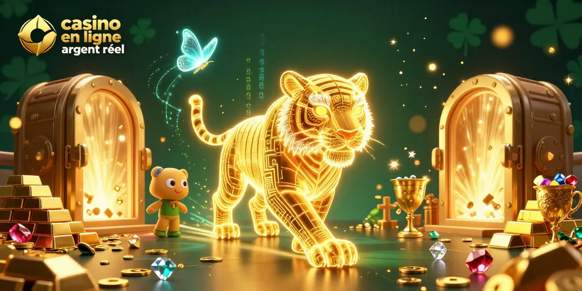 Découvrez le casino en ligne argent réel avec un tigre doré lumineux explorant un paysage numérique rempli de trésors.