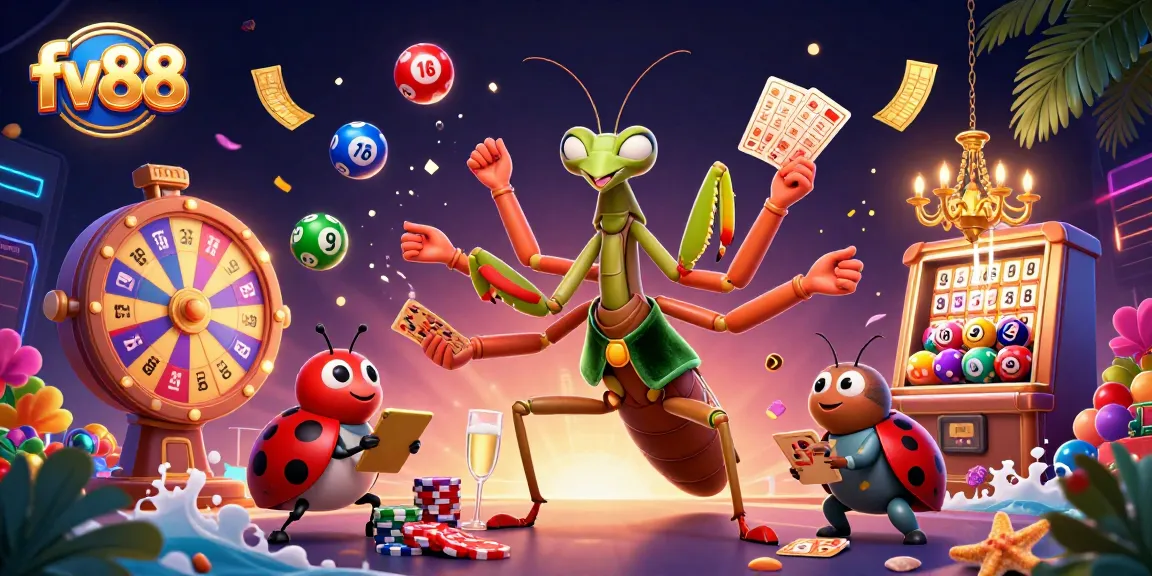 Delight in vibrant fv88 gambling excitement with a giant mantis card sharp and animated lottery elements.