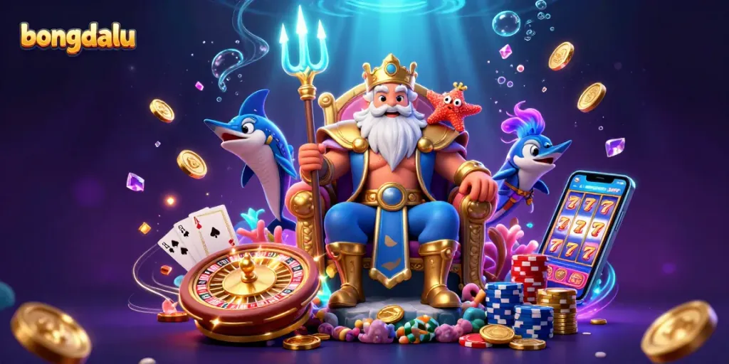 Bongdalu showcases a vibrant underwater casino scene with Neptune and casino elements for gamblers.