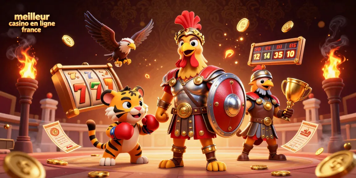 Illustration dynamique du meilleur casino en ligne France mettant en scène un coq gladiateur et des éléments de jeu captivants.