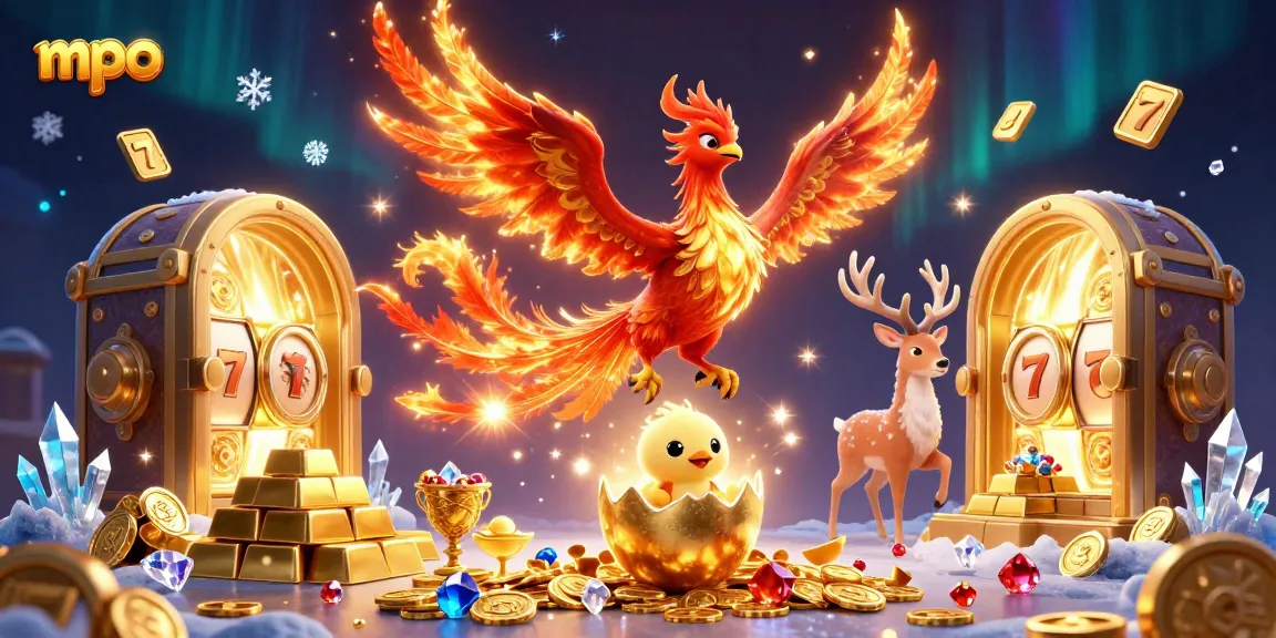 Experience mpo thrills with a vivid illustration of a phoenix and gaming treasures in a magical casino atmosphere.