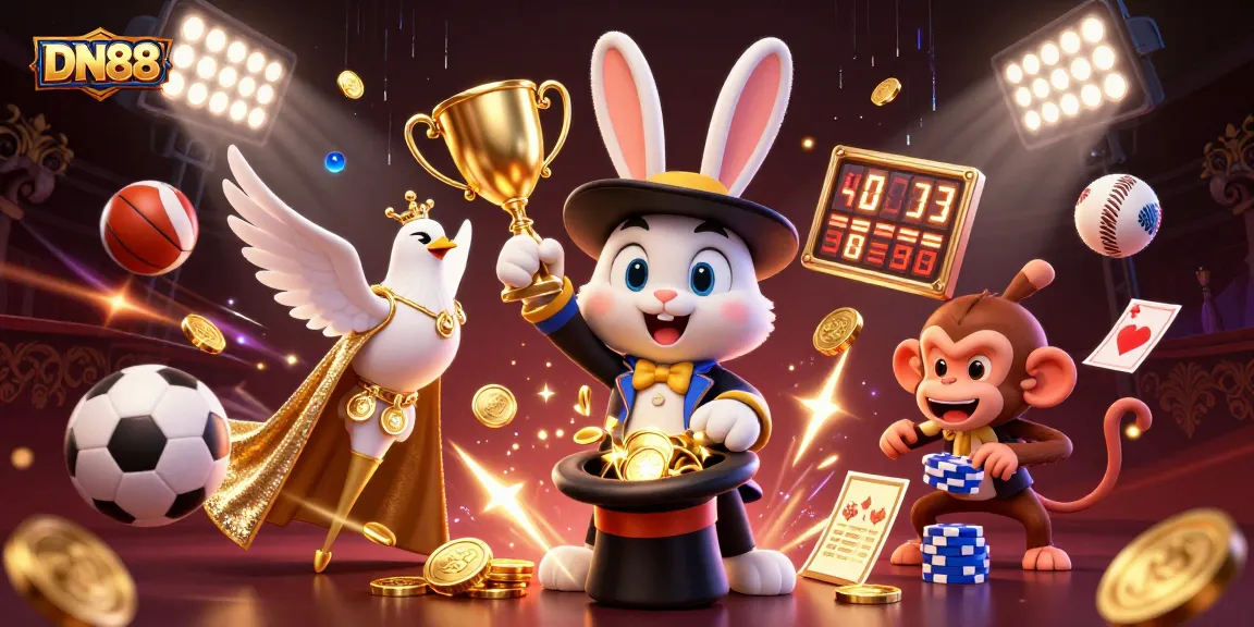 Engage with DN88's thrilling world of online betting, where a magician, dove, and monkey bring fun and excitement.