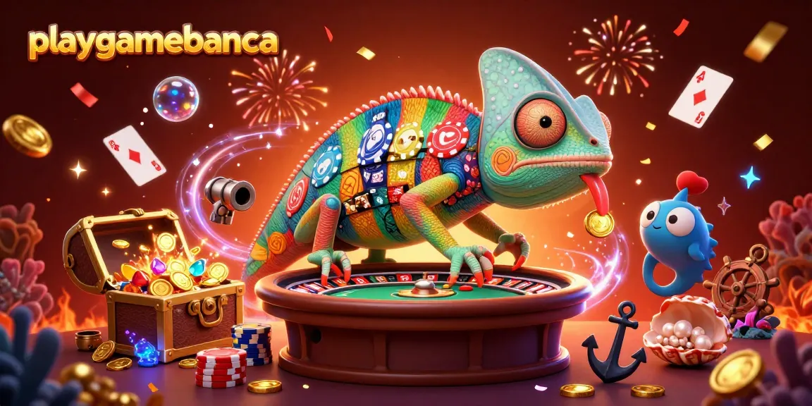 Engage with playgamebanca's vibrant casino scene featuring a colorful chameleon and celebratory elements.