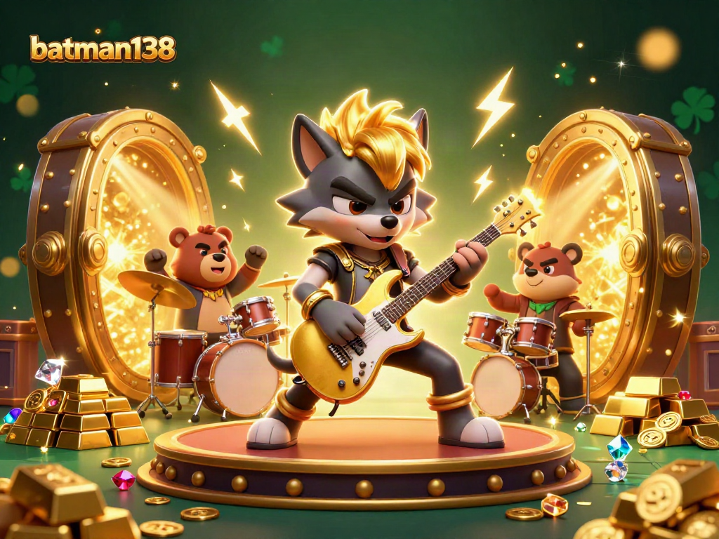 Experience excitement with batman138 as a cartoon rock star performs on a lively casino stage.