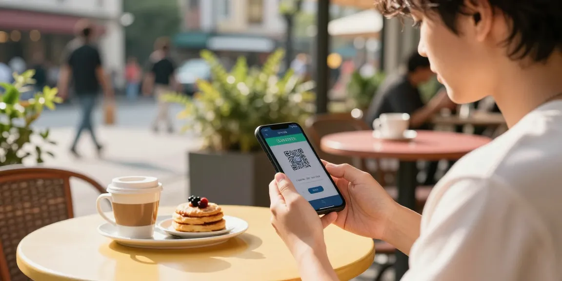 Scene of a young adult making a slot depo qris payment at an outdoor café, emphasizing digital convenience and vibrant urban life.