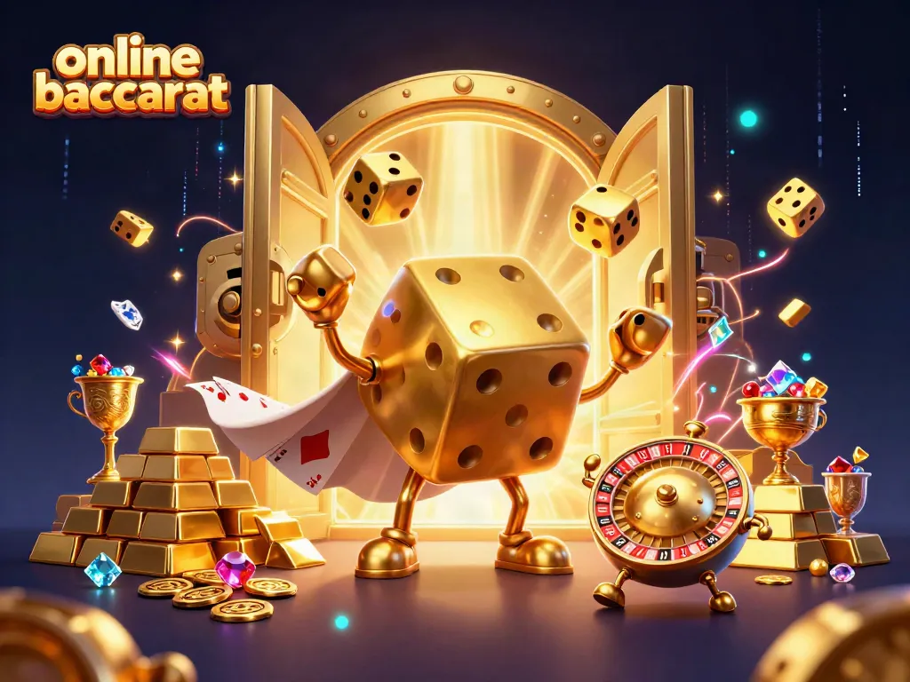 Experience the excitement of online baccarat with a vibrant scene showcasing golden dice and jewels.