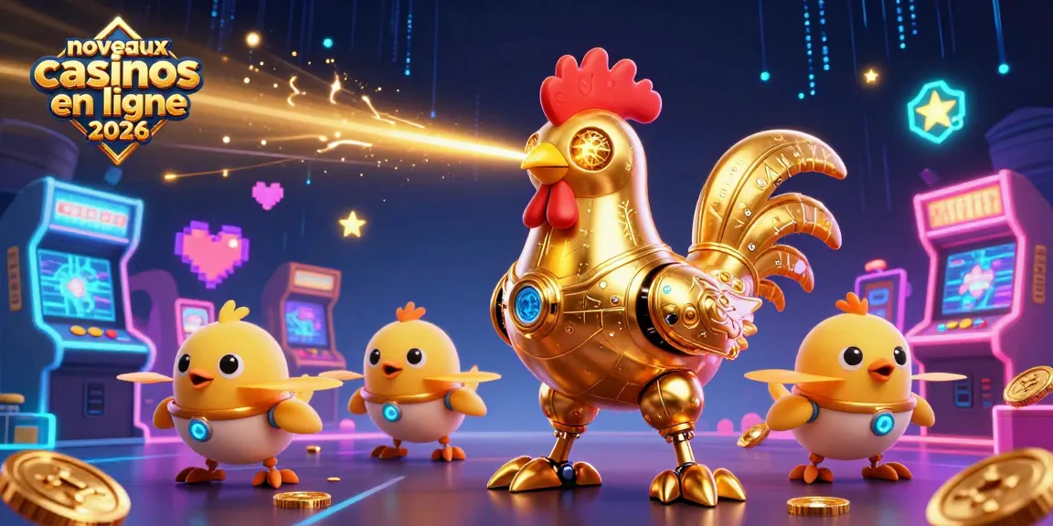 Découvrez les nouveaux casinos en ligne 2026 avec un robot coq futuriste entouré de machines de jeu colorées.