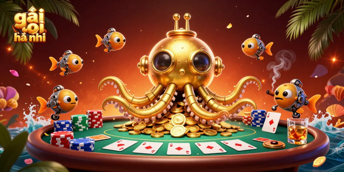Engage with the thrilling entertainment from gái gọi hà nội, featuring a golden kraken submarine amidst poker elements.