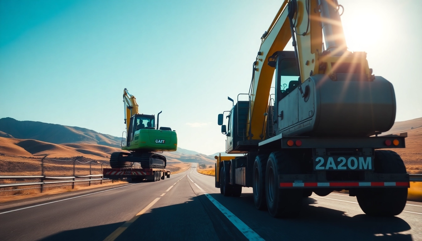 Transporting heavy machinery during equipment transportation on a sunny highway.