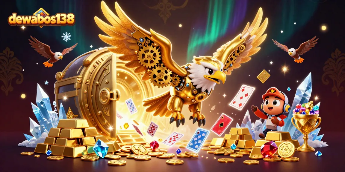 Experience the excitement of dewabos138 as golden eagles dive among holographic cards and treasure.