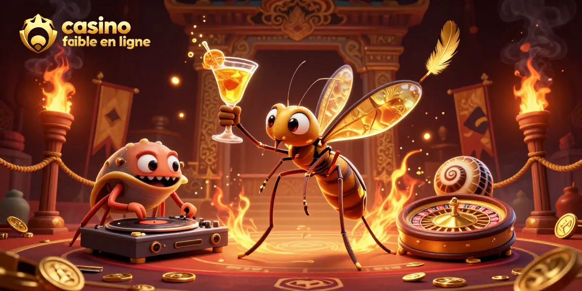 Visuel captivant de casino fiable en ligne avec un moustique comme mascotte et une roulette en or, pleine de détails.