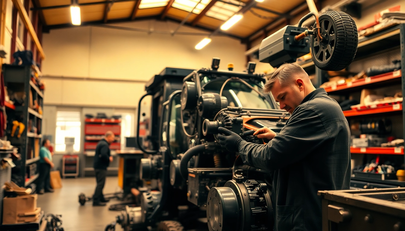 Repairing heavy equipment service in a professional workshop, showcasing technicians at work.