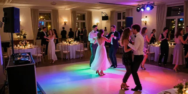 hochzeit DJ berlin brandenburg creating a vibrant wedding atmosphere with guests dancing and elegant decor